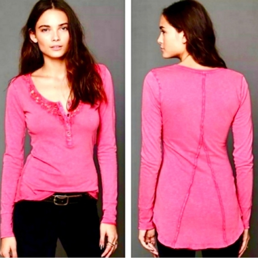Free People Legacy Crochet Top In Fuschia Bohemian Hippie Long Sleeves‎ Henley L